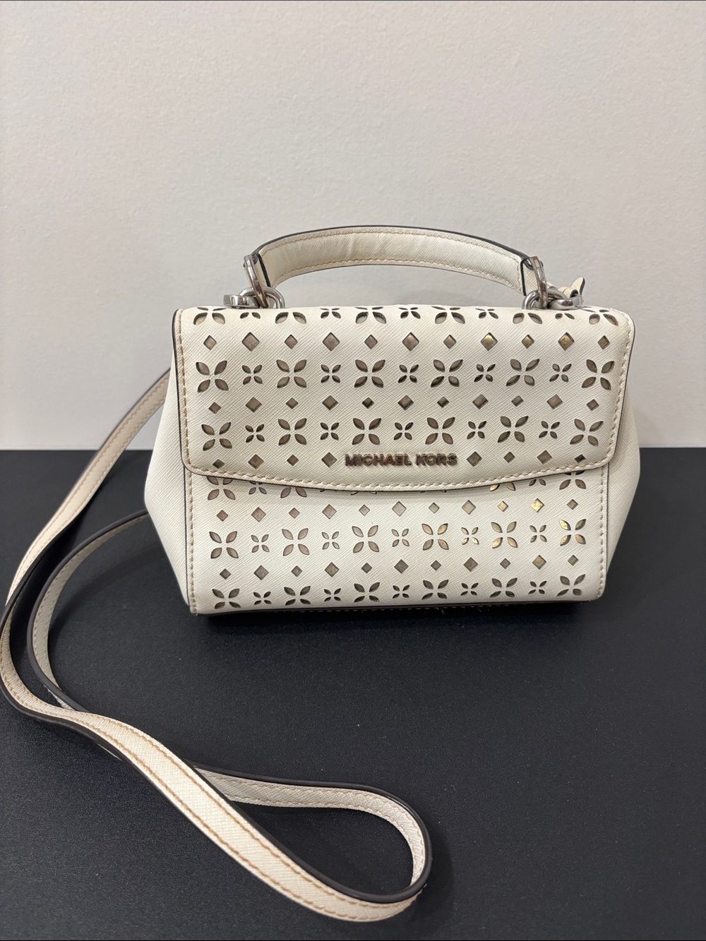 Michael Kors White Laser-Cut Top-Handle Crossbody with Silver Accents